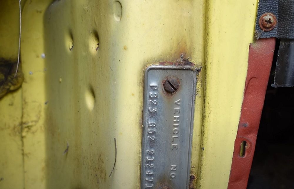 A closeup of the VIN tag from a 1966 Plymouth VIP