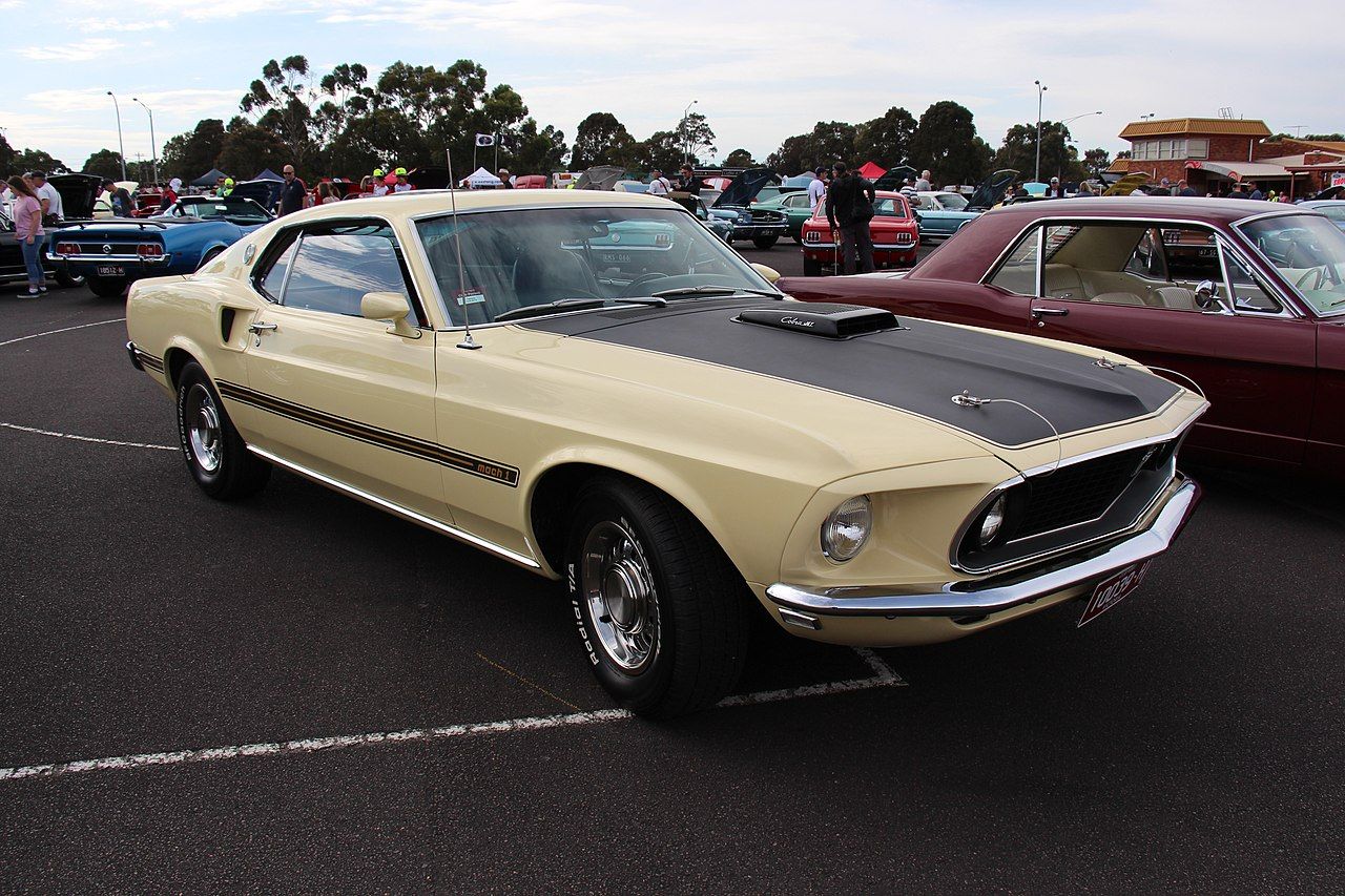 A parked 1969 Ford Mustang Mach I Cobra Jet