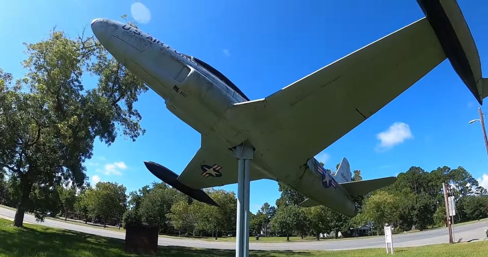 South Georgia P-80 Fighter Jet display, front quarter view from below