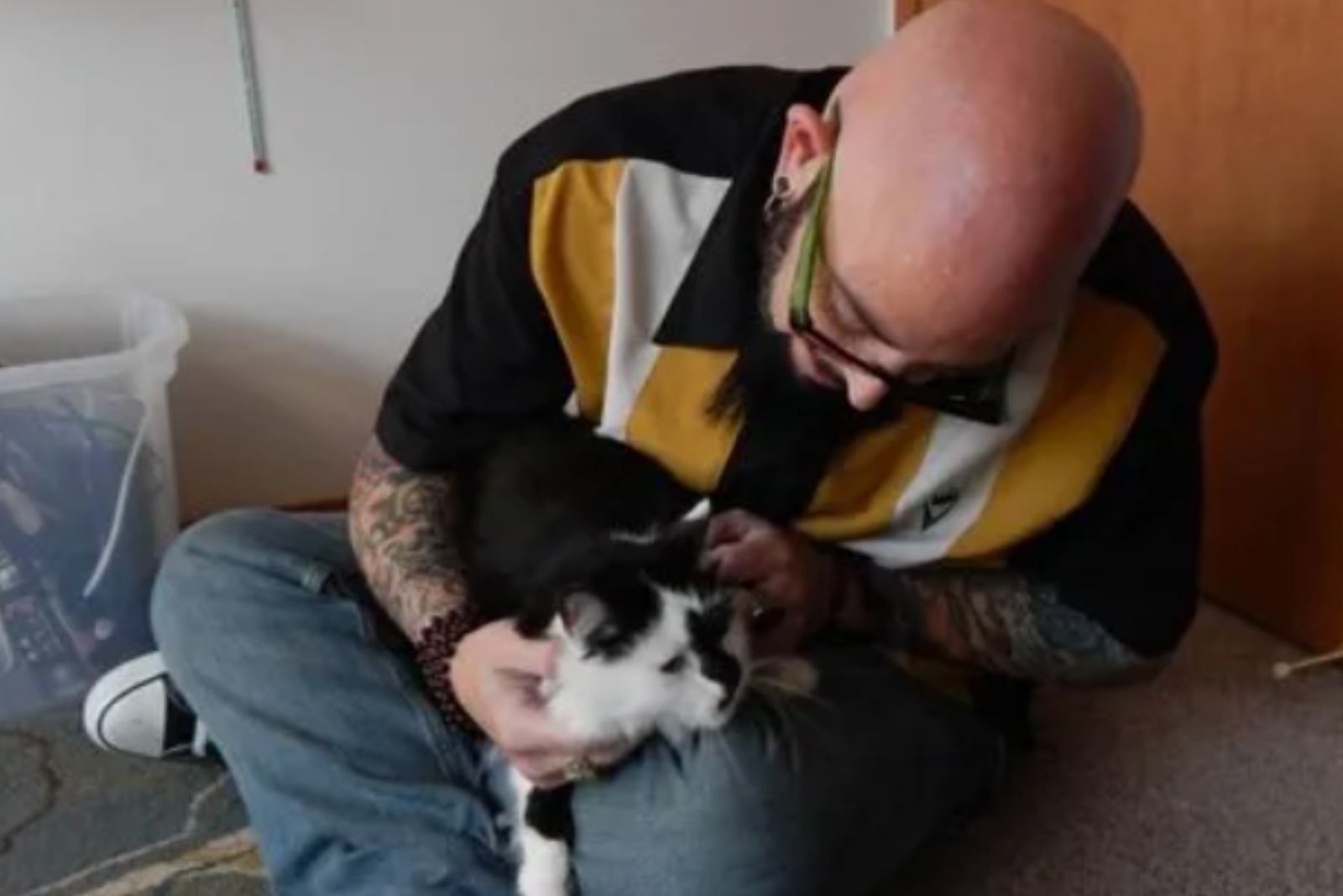 bald guy and cat