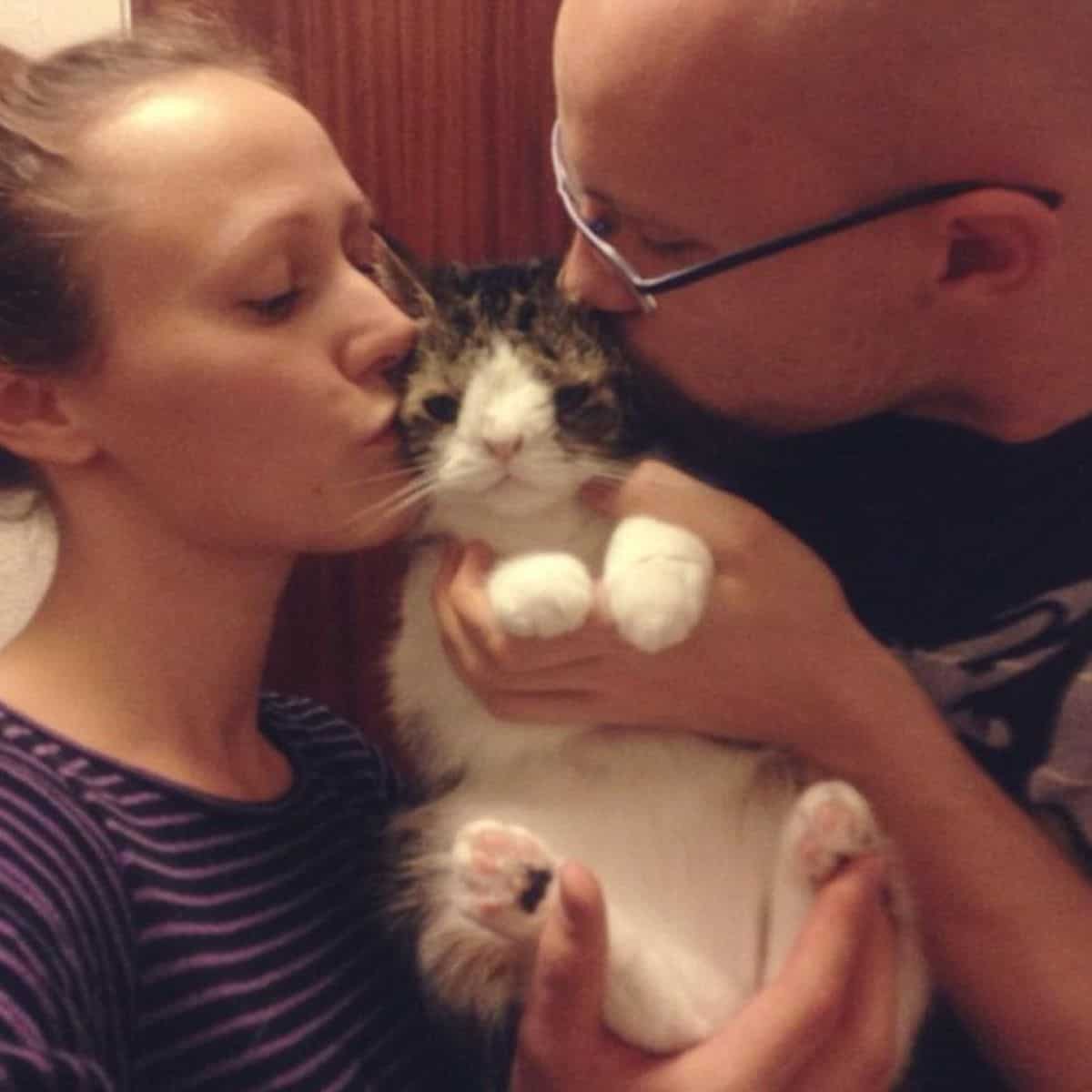 couple kissing cat