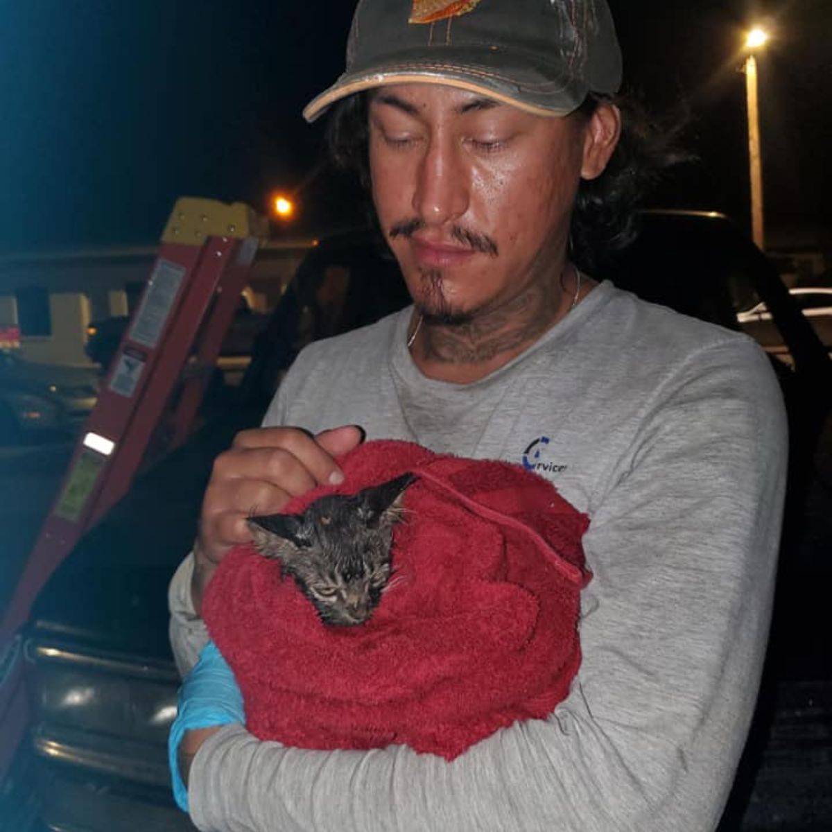 guy holding kitten in a towel