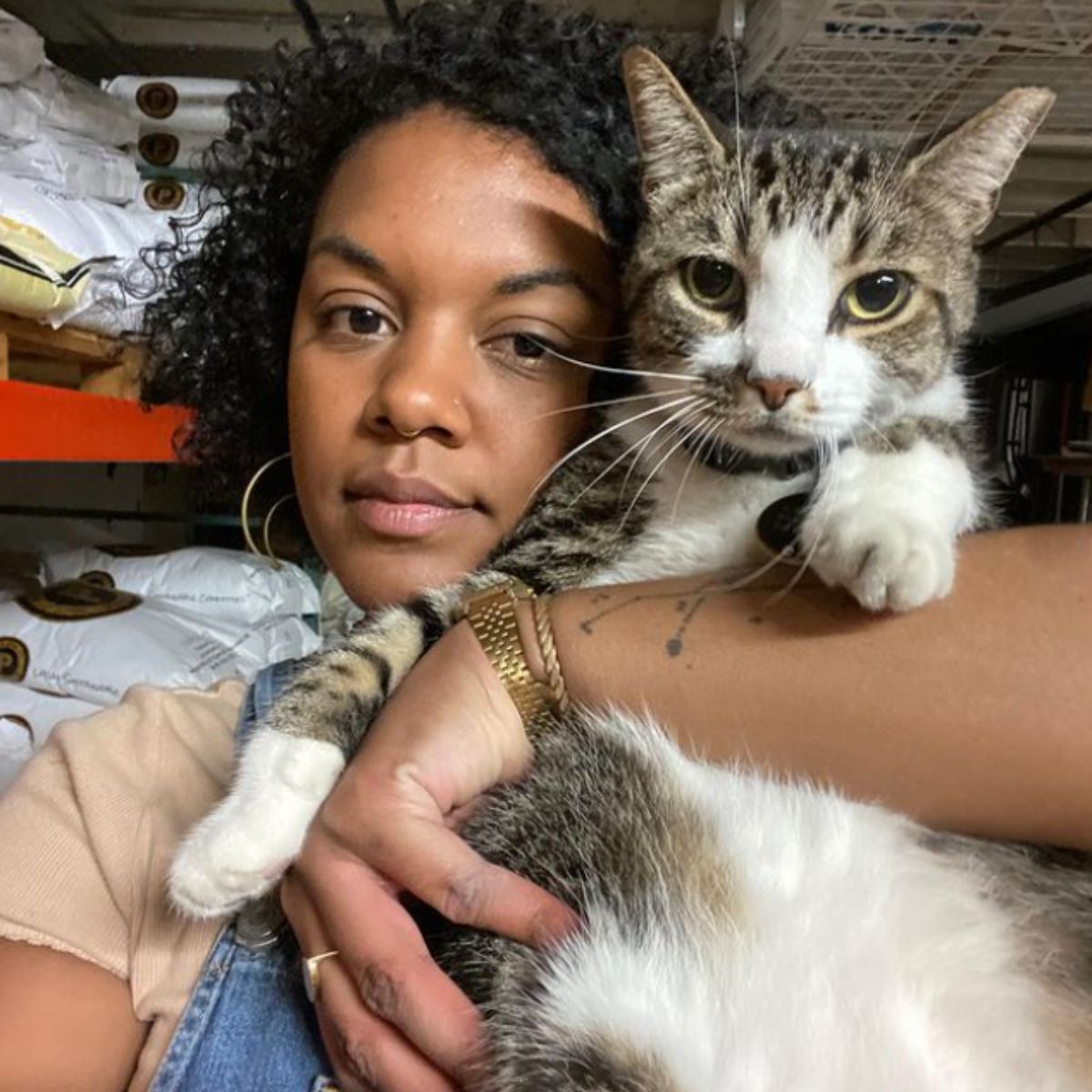 a woman hold cat on her chest