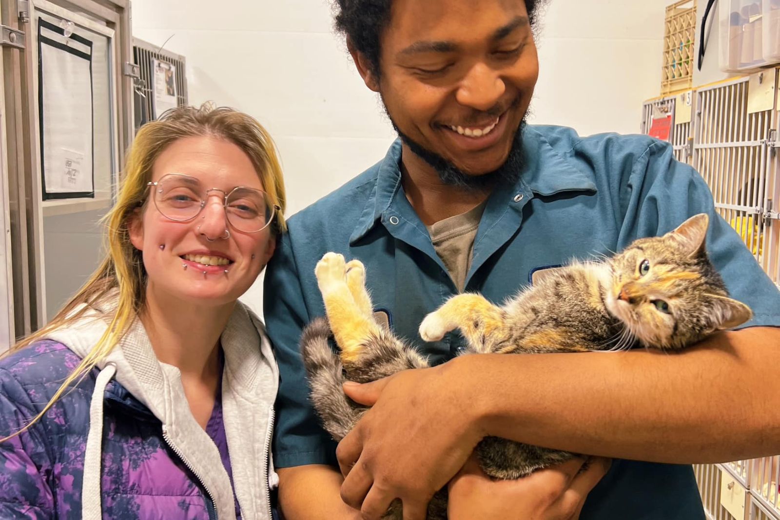 blonde woman, guy and cat