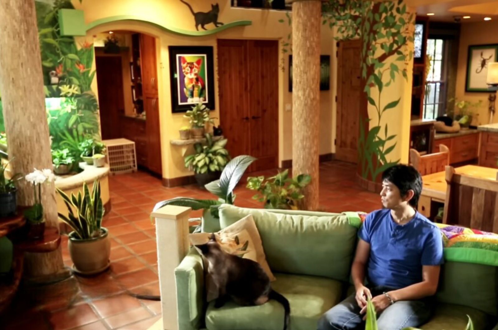 owner and cat sitting on a couch